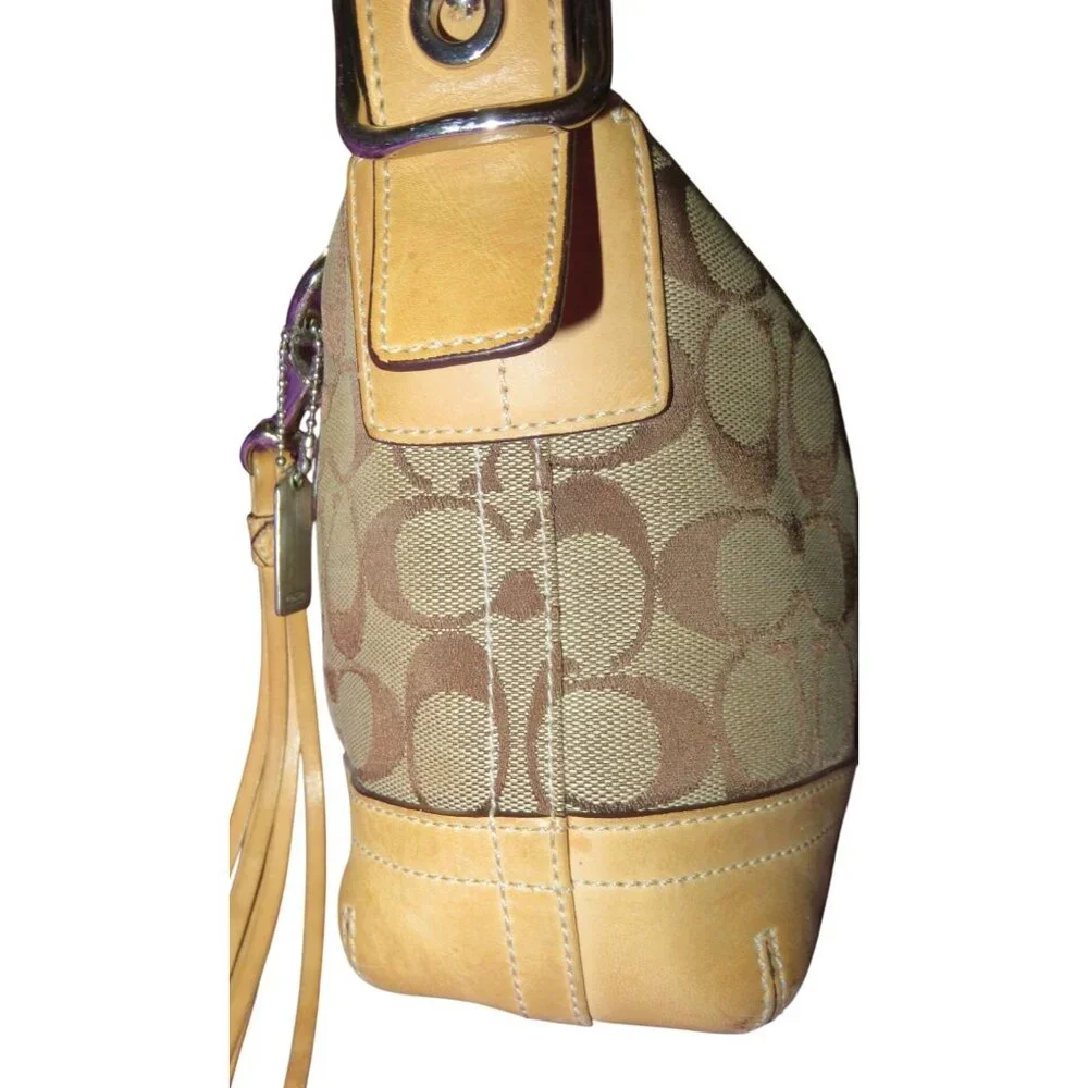 Coach 2005 Y2K Signature Khaki Canvas & Vachetta Leather East West Demi Baguette